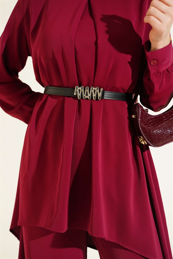Asymmetrical Cut Belted Tunic 2 Piece Set Burgundy