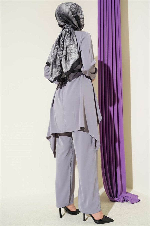 Asymmetrical Cut Belted Tunic 2 Piece Set Grey