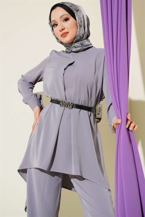 Asymmetrical Cut Belted Tunic 2 Piece Set Grey