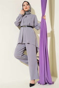 Asymmetrical Cut Belted Tunic 2 Piece Set Grey