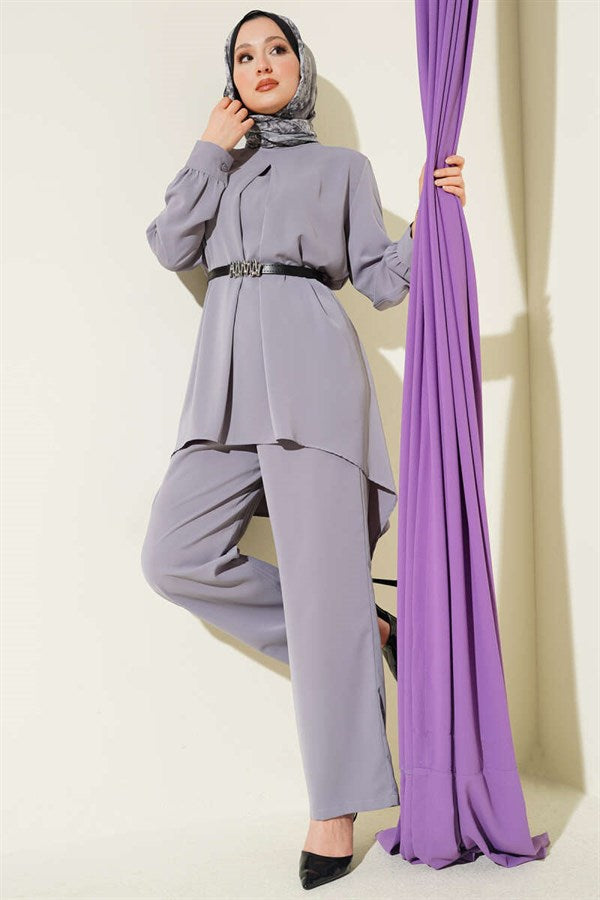 Asymmetrical Cut Belted Tunic 2 Piece Set Grey