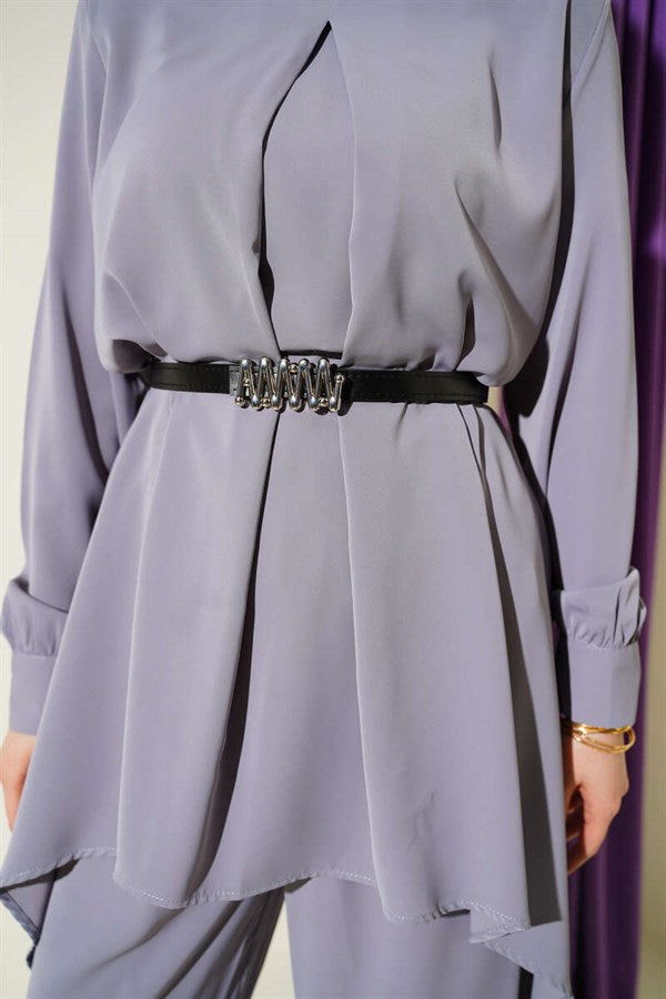 Asymmetrical Cut Belted Tunic 2 Piece Set Grey