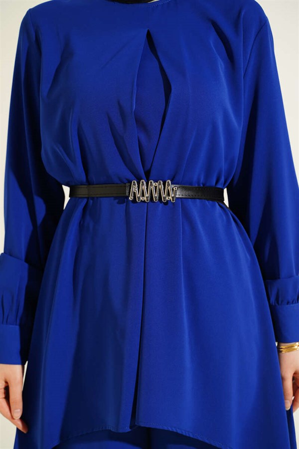Asymmetrical Cut Belted Tunic 2 Piece Set (Navy Blue)