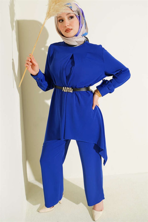 Asymmetrical Cut Belted Tunic 2 Piece Set (Navy Blue)