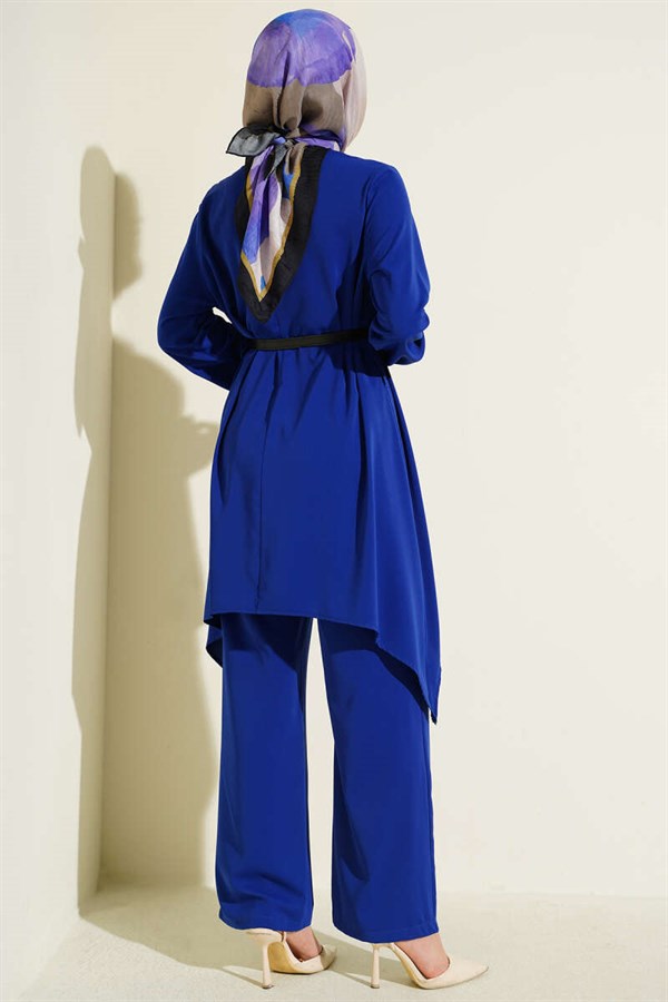 Asymmetrical Cut Belted Tunic 2 Piece Set (Navy Blue)