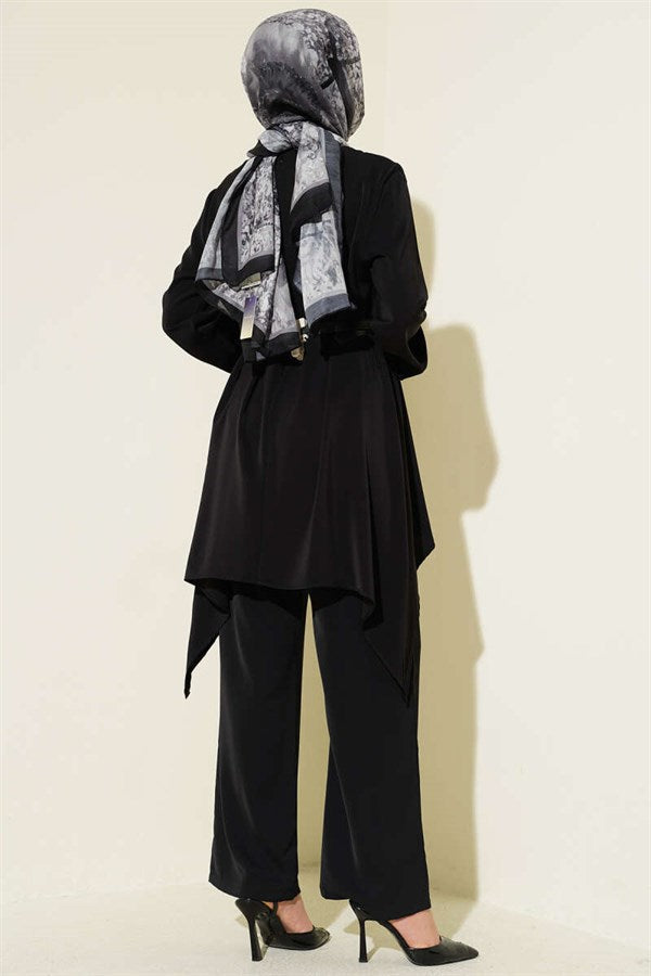Asymmetrical Cut Belted Tunic 2 Piece Set Black