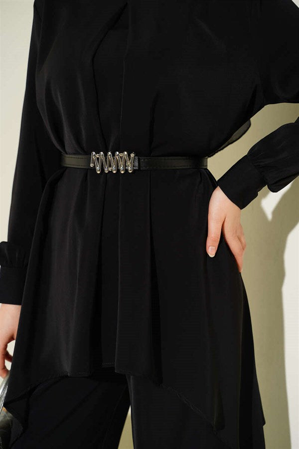 Asymmetrical Cut Belted Tunic 2 Piece Set Black