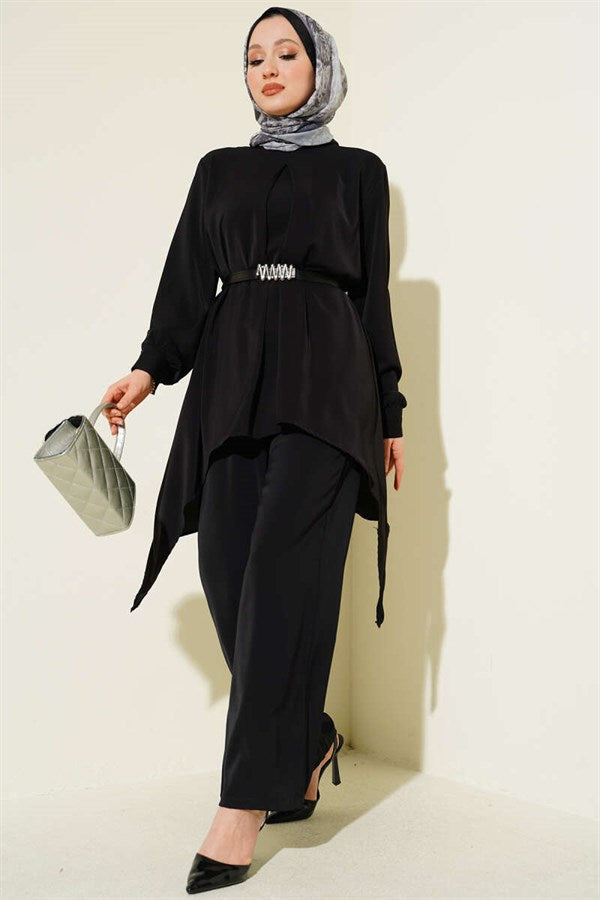 Asymmetrical Cut Belted Tunic 2 Piece Set Black