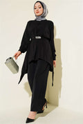 Asymmetrical Cut Belted Tunic 2 Piece Set Black
