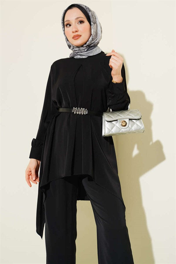 Asymmetrical Cut Belted Tunic 2 Piece Set Black
