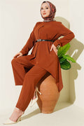 Asymmetrical Cut Belted Tunic 2 Piece Set, Tan