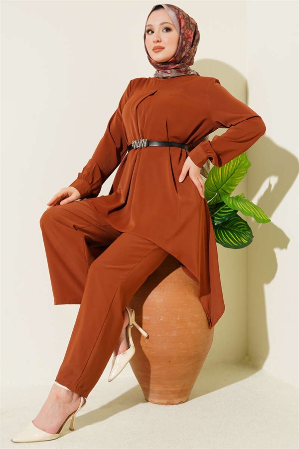 Asymmetrical Cut Belted Tunic 2 Piece Set, Tan