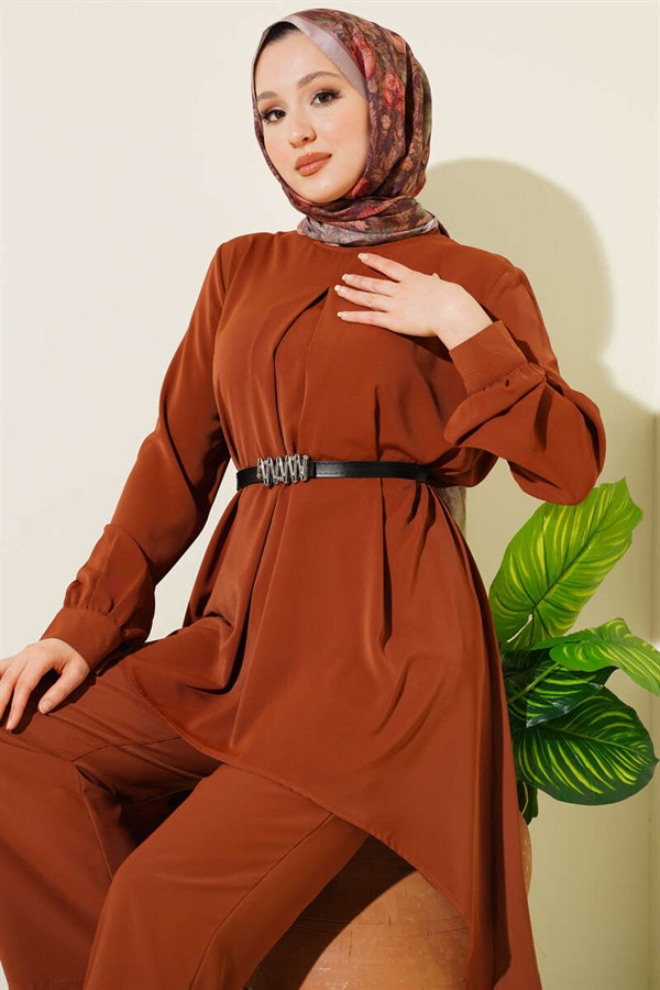 Asymmetrical Cut Belted Tunic 2 Piece Set, Tan