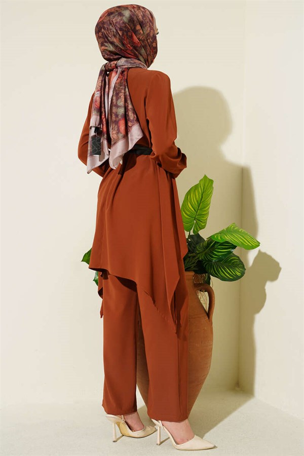 Asymmetrical Cut Belted Tunic 2 Piece Set, Tan