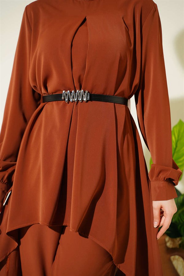 Asymmetrical Cut Belted Tunic 2 Piece Set, Tan
