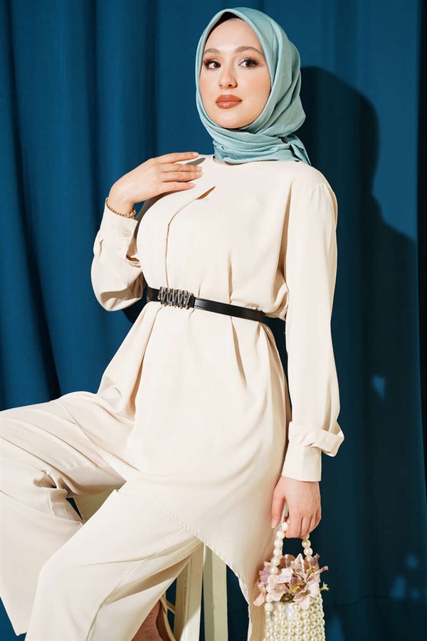 Asymmetrical Cut Belted Tunic 2 Piece Set in Stone