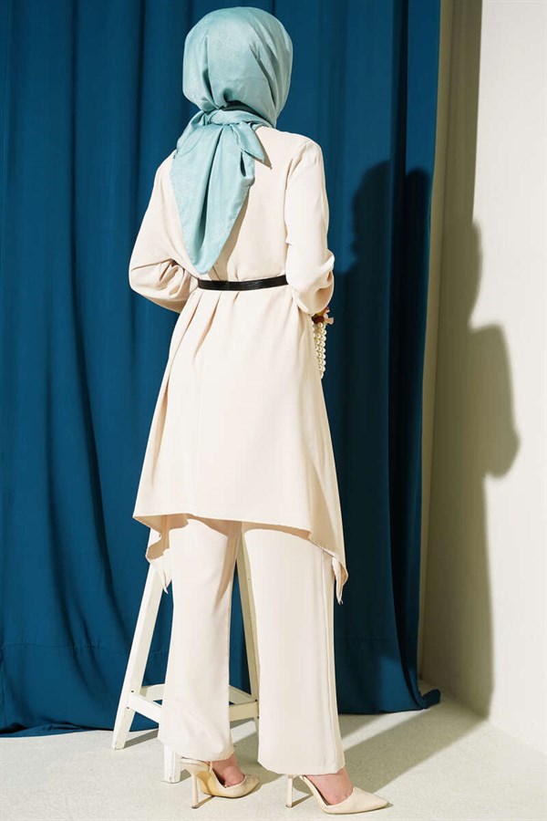 Asymmetrical Cut Belted Tunic 2 Piece Set in Stone