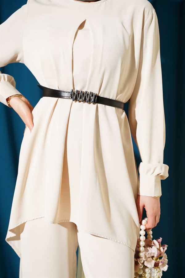 Asymmetrical Cut Belted Tunic 2 Piece Set in Stone
