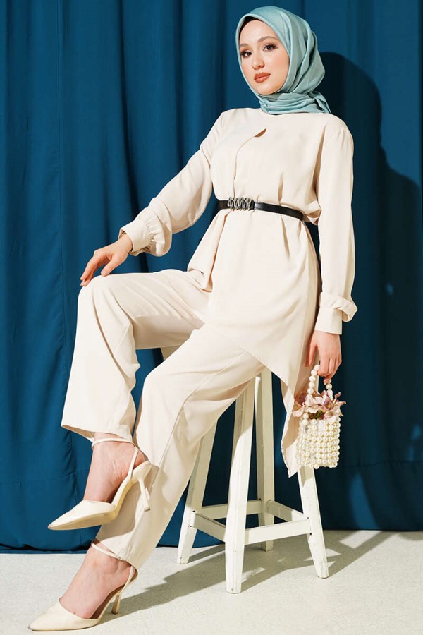 Asymmetrical Cut Belted Tunic 2 Piece Set in Stone