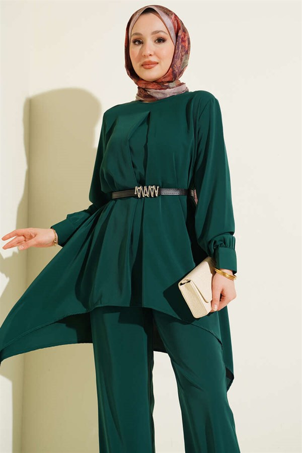 Asymmetrical Cut Belted Tunic 2 Piece Set Emerald