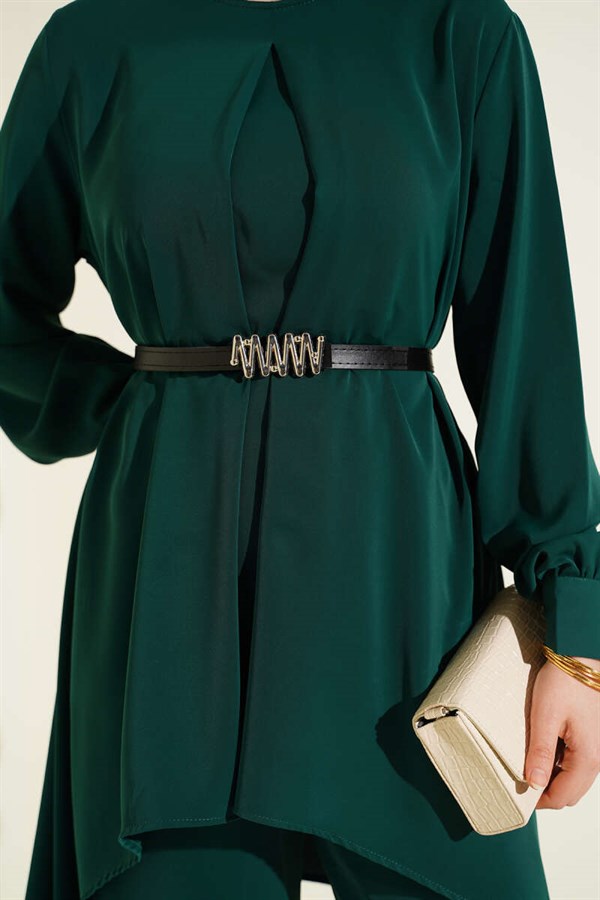 Asymmetrical Cut Belted Tunic 2 Piece Set Emerald