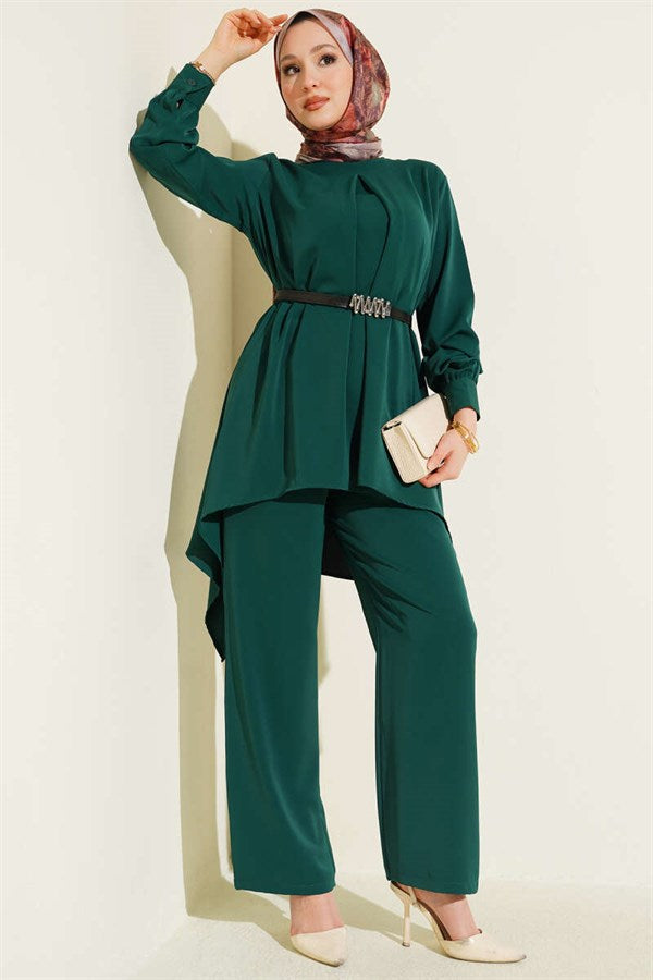 Asymmetrical Cut Belted Tunic 2 Piece Set Emerald