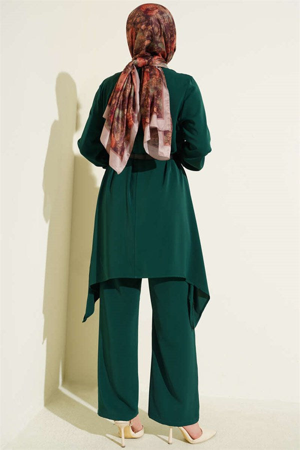 Asymmetrical Cut Belted Tunic 2 Piece Set Emerald