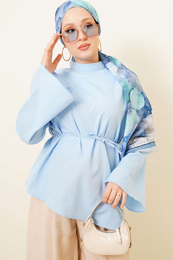 Asymmetrical Cut Poplin Tunic Blue