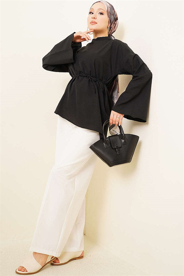 Asymmetrical Cut Poplin Tunic Black