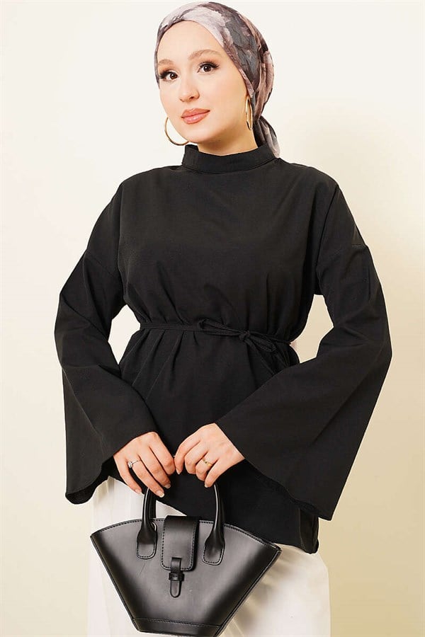 Asymmetrical Cut Poplin Tunic Black