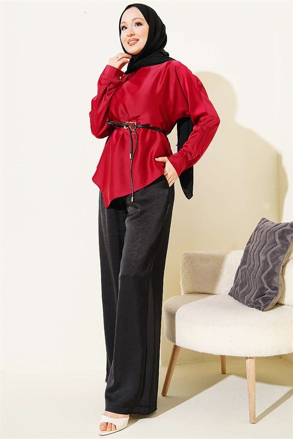 Asymmetrical Cut Satin Tunic Burgundy