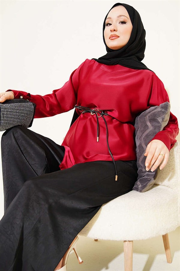 Asymmetrical Cut Satin Tunic Burgundy