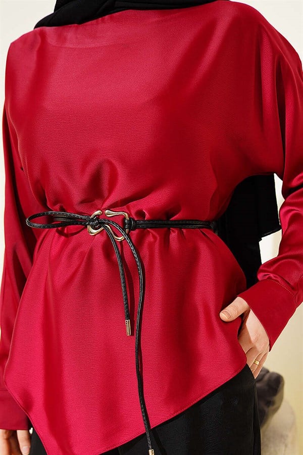 Asymmetrical Cut Satin Tunic Burgundy