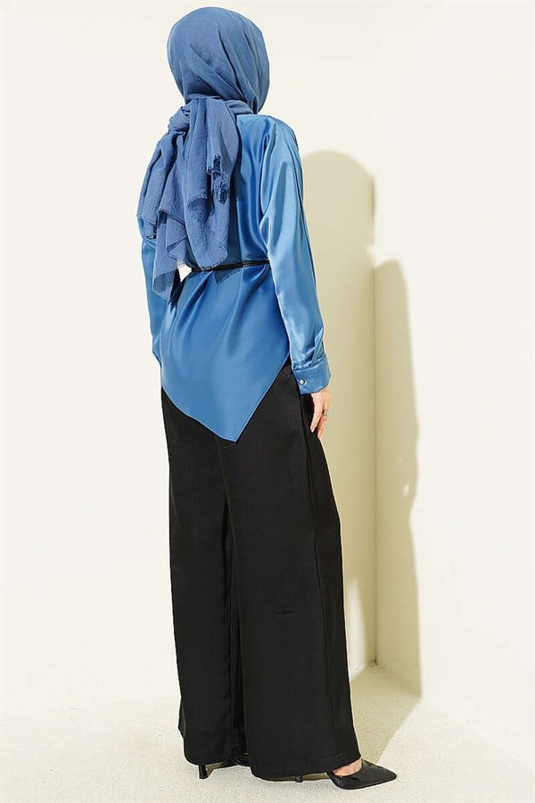 Asymmetrical Cut Satin Tunic Indigo