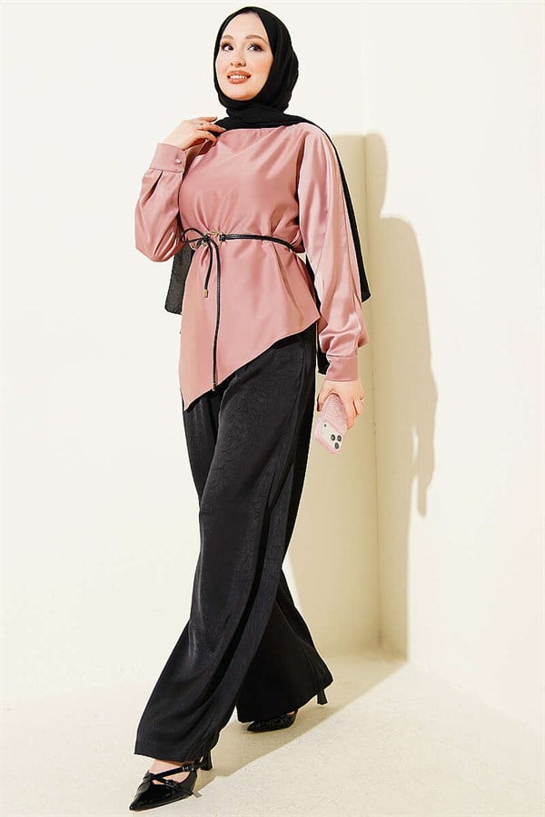 Asymmetrical Cut Satin Tunic Powder Pink