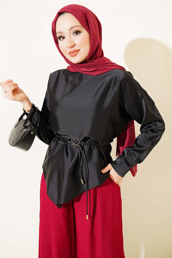 Asymmetrical Cut Satin Tunic Black