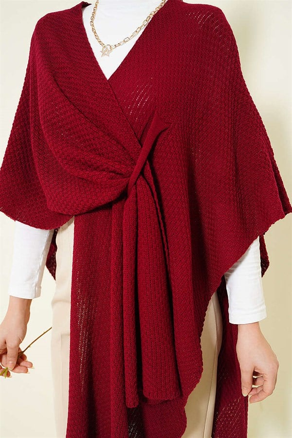Asymmetrical Cut Knitted Poncho, Burgundy