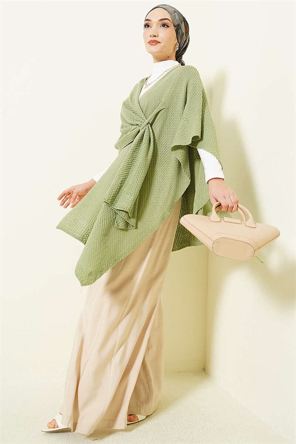 Asymmetrical Cut Knitted Poncho, Light Green