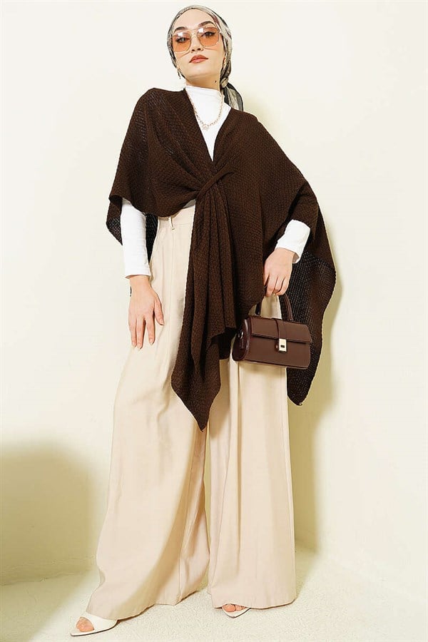 Asymmetrical Cut Knitted Poncho, Brown