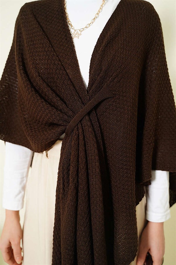 Asymmetrical Cut Knitted Poncho, Brown