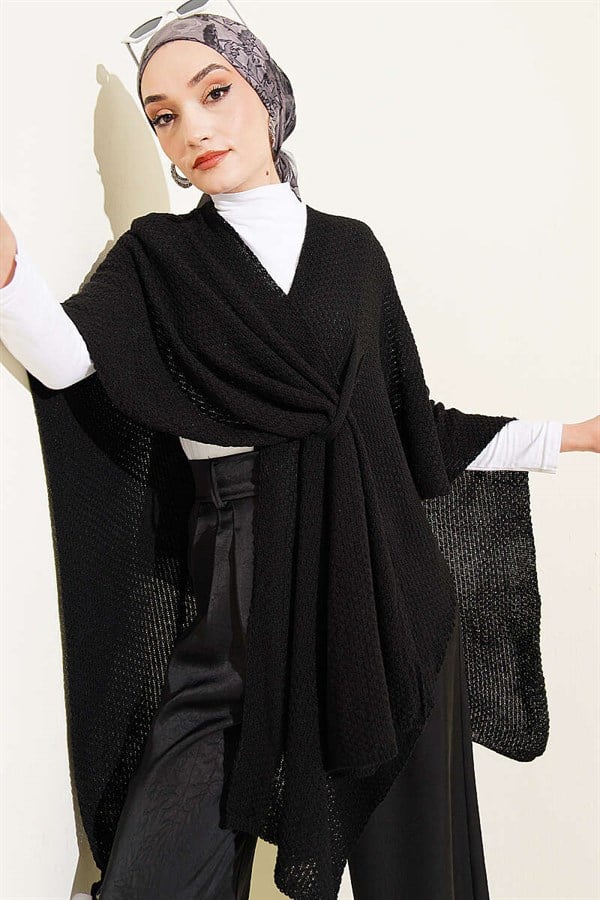 Asymmetrical Cut Knitted Poncho Black