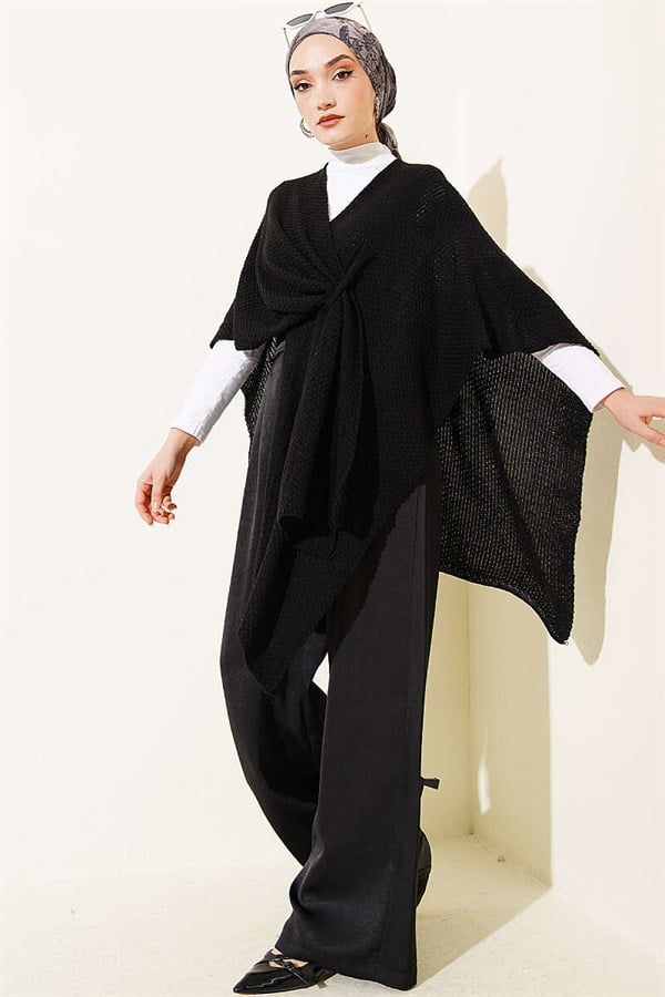 Asymmetrical Cut Knitted Poncho Black