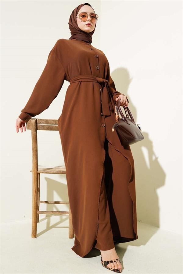 Asymmetrical Cut Long Tunic 2 Piece Set Brown