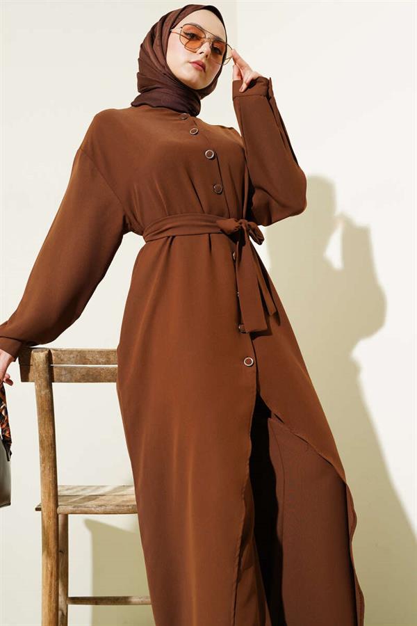 Asymmetrical Cut Long Tunic 2 Piece Set Brown