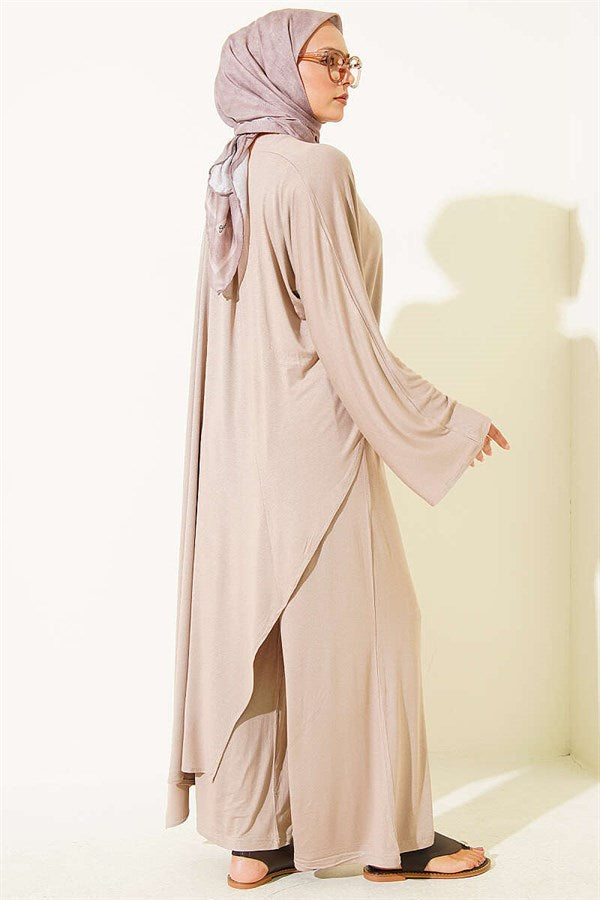 Asymmetrical Cut Blouse 2 Piece Set, Beige