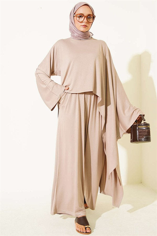 Asymmetrical Cut Blouse 2 Piece Set, Beige