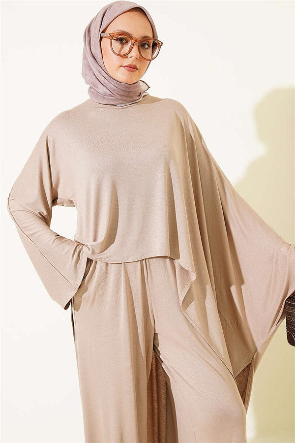 Asymmetrical Cut Blouse 2 Piece Set, Beige