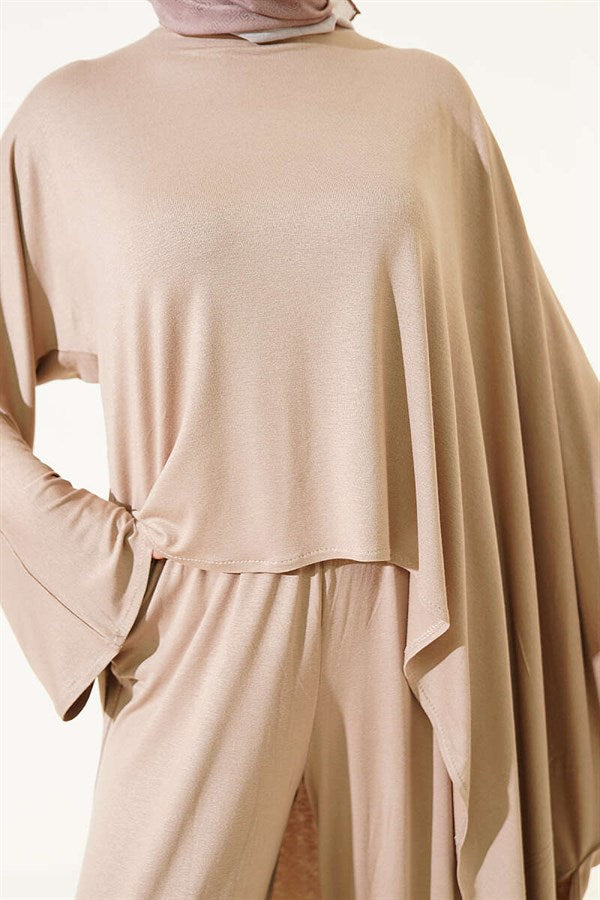 Asymmetrical Cut Blouse 2 Piece Set, Beige