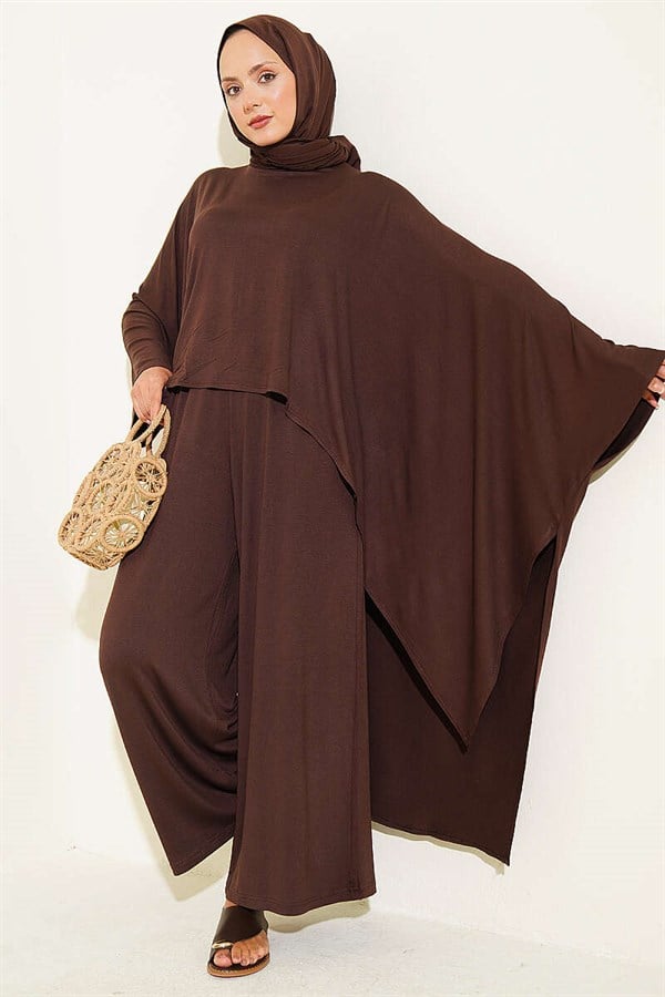 Asymmetrical Cut Blouse 2 Piece Set, Coffee