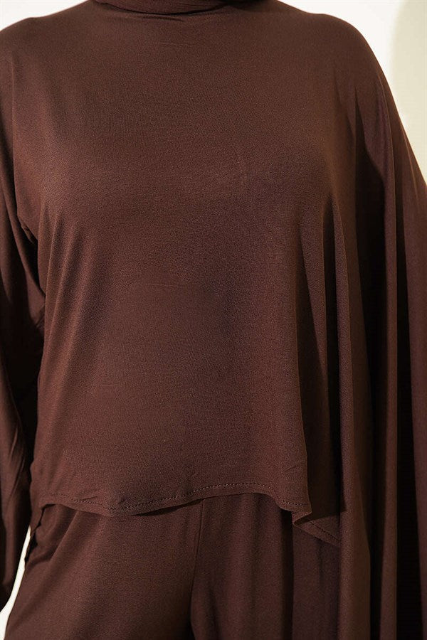Asymmetrical Cut Blouse 2 Piece Set, Coffee